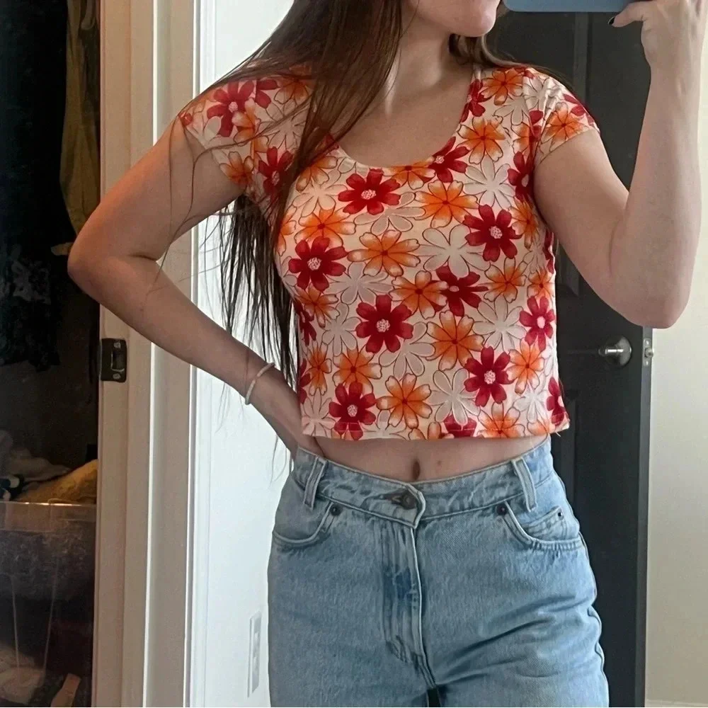 Vintage 90’s Floral Cropped Mesh Baby Tee - Picture 6 of 6